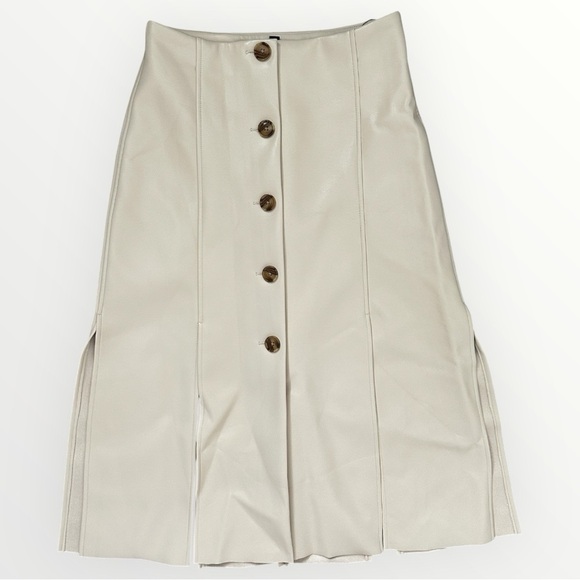 BANANA REPUBLIC Seamed VEGAN LEATHER Midi Pleated Slit Skirt Oyster Pearl Tan 2 - Picture 6 of 9